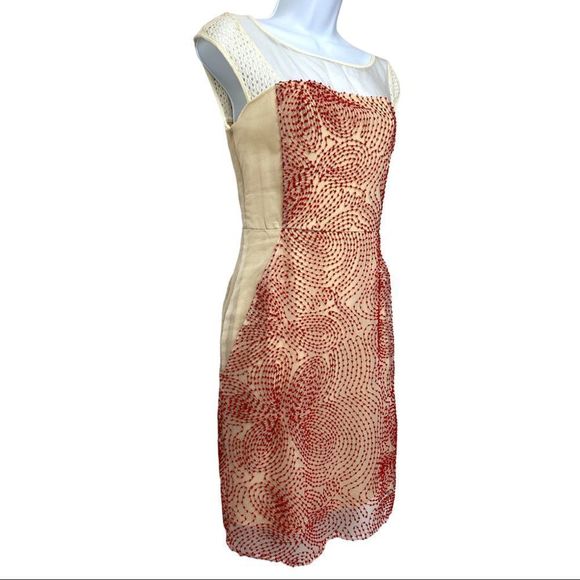 Anthropologie WESTON Illusion Semi Sheer Embroidered Midi Dress Cream Red XS - Picture 4 of 14